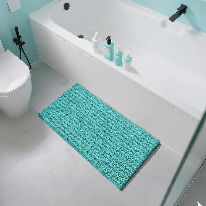 Yimobra Long Bathroom Rugs Non Slip Washable 44x24 Inch - Ultra Soft Absorbent Chenille Bath Mat, Quick Dry Shaggy Floor Carpet for Tub Shower, Lake Blue Home Decor Accessories - ModernBath