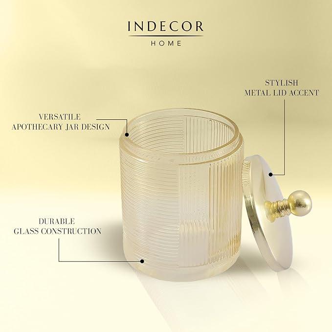Indecor Home Tan Colored Tranlucent Apothecary Ribbed Geometric Etched Glass Jar W/Gold Metal Lid Cover for Bathroom Organization, Cotton Balls, Q Tips, and Small Accessories, Bathroom Storage - ModernBath