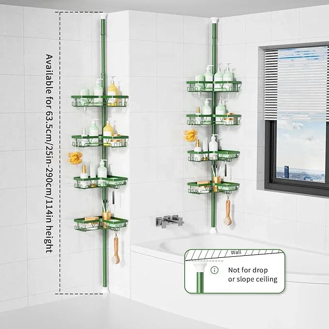 KEGII Shower Caddy Tension Pole, 4-Tier Rustproof Adjustable Corner Bathroom Organizer for Renters, 25–114.2 Inch No Drill Space-Saving Shower Storage Rack, Emerald Green - ModernBath