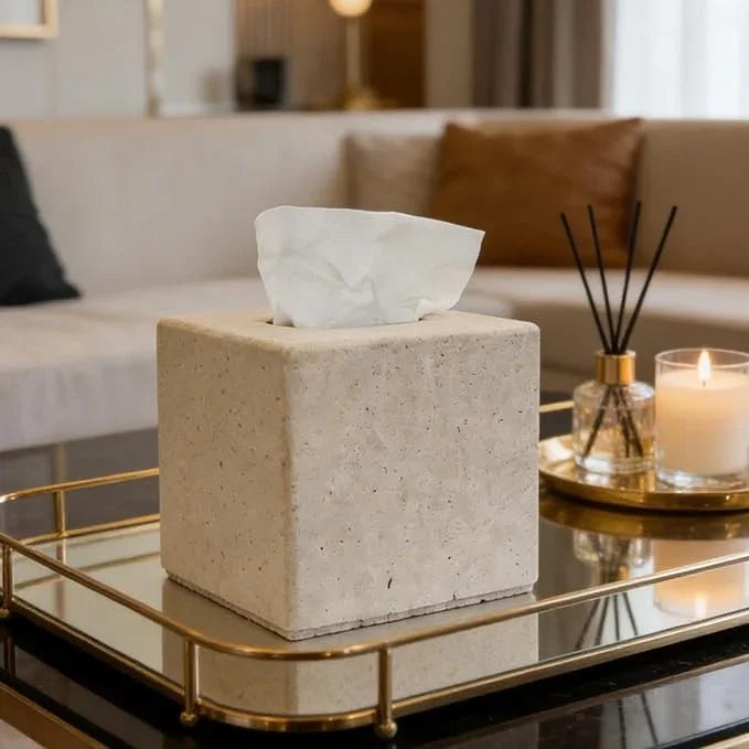 Travertine Tissue Box Cover, Vintage Style Napkin Holder, Square Tissue Box with Acrylic Board Bottom, Natural Heaty Duty Stone Toilet Paper Holder for Bathroom, Bedroom, Living Room - ModernBath