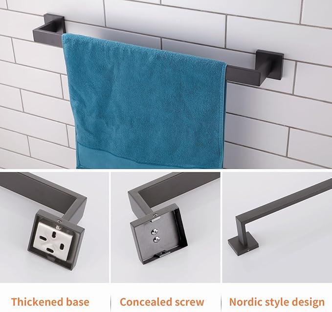 Bathroom Hardware Accessories Set Matte Black,5-Piece Black Towel Bar Set 16" Wall Mounted Towel Holder Stainless Steel-Includes Towel Bar,Robe Towel Hooks,Toilet Paper - ModernBath