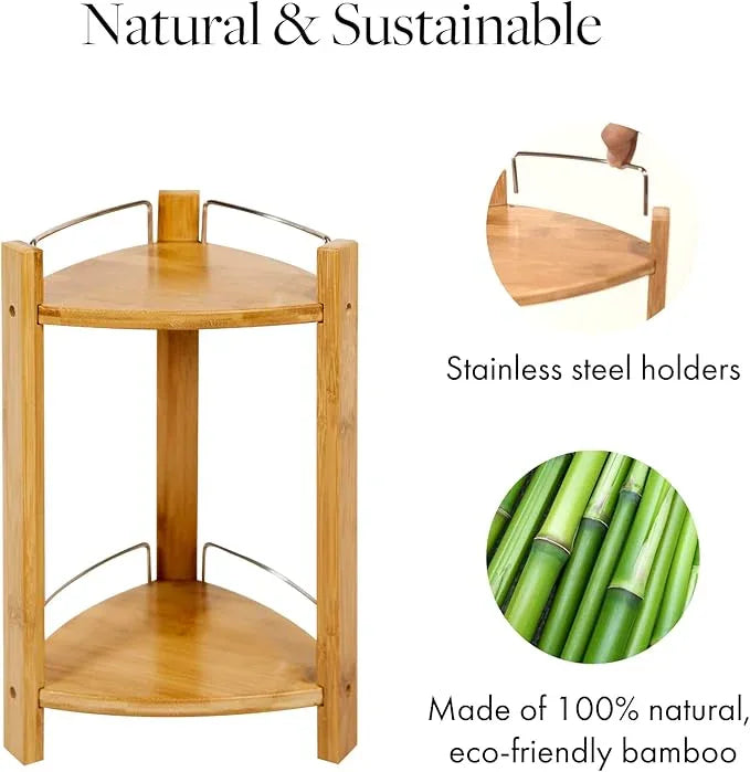 GOBAM Bamboo Shower Corner Caddy, Large - 2 Tier Standing Shower Stand for Shampoo, Conditioner, Lotion, Soap - Caddy Organizer for Kitchen, Bedroom, or Office - ModernBath