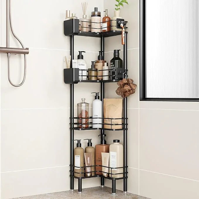 Orimade Rustproof 4 Tier Floor Standing Corner Shower Caddy Organizer with Toothbrush Holder, Large Spacing Floor Shower Shelf Rack Storage Stands with Hooks for Bathroom Kitchen, Black - ModernBath