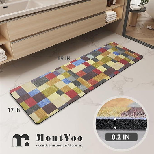 MontVoo -Bath Mat-Non Slip Thin Bathroom Rugs Fit Under Door- Quick Dry Absorbent Faux Suede Surface Grey Bathroom Floor Mats-Shower Rug for in Front of Bathtub Shower Retro Colors Plaid 17x59 - ModernBath