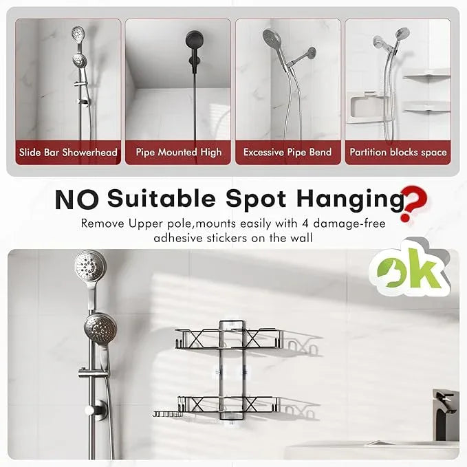 Sewulidon Stainless Steel Hanging Shower Caddy for Handheld Shower Heads,Adjustable Height Extra Long Bathroom Shower Organizer Hanger Rack with Hooks,Soap Holder - ModernBath