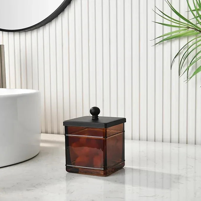 Indecor Home Amber Glass Cotton Jar Holder – Black Lid Elegant Bathroom Storage Canister for Qtips, Cotton Balls, Floss, Makeup Organizer, Vanity & Bathroom Organization - ModernBath