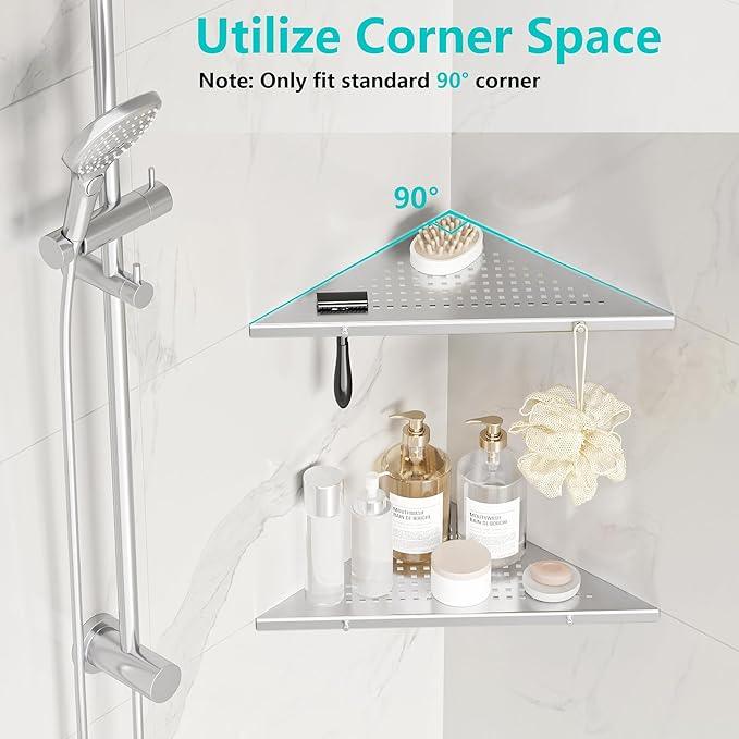 10" Bathroom Corner Shelf, 2 Pack Recessed Shower Shelf Caddy, SUS304 Stainless Steel Shelf Wall Mount Triangular, No Drilling Brushed Nickel - ModernBath