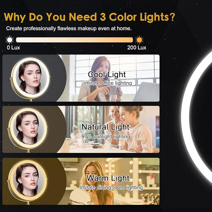 Lighted Makeup Mirror, 3000 mAh Rechargeable Double Sided Magnifying Vanity Mirror with 3 Colors, 1x/10x, 360° Rotation , Brightness Adjustable Magnification Cosmetic Light up Mirror, Women Gift - ModernBath