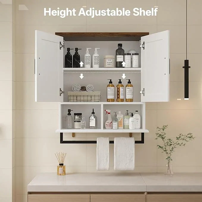 Farmhouse Bathroom Wall Cabinet with Adjustable Shelves & Towel Racks, White Wall Mounted Medicine Cabinet, Over The Toilet Storage Cabinet for Bathroom, Kitchen, Laundry Room - ModernBath