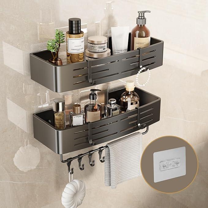 VOLPONE Shower Caddy No Drilling Shower Shelves for Inside Shower Heavy Duty Bathroom Organizer Storage Rack Adhesive with Towel Bar Hooks (2-Pack, Matte Gray) - ModernBath