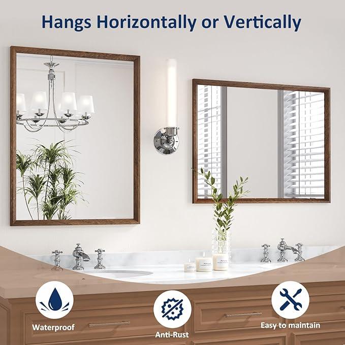 WEER Bathroom Mirror, 28x36 Inch Wall Mirror, Walnut Wood Grain Framed Mirror, Rectangle Vanity Mirror, Tempered Glass, Anti-Rust, Hangs Horizontally or Vertically - ModernBath
