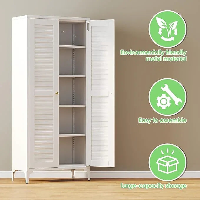 64" H Kitchen Pantry Storage Cabinet, Metal Storage Cabinets with 4 Adjustable Shelves for Kitchen Bathroom Living Room, Required Assembly, White - ModernBath