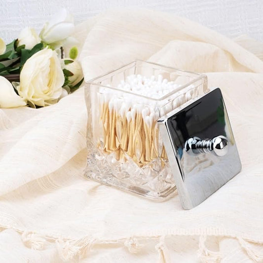 ZIVQEXMURL Qtip Holder,15Oz Clear Glass Apothecary Jars with Silver Lids for Bathroom Organization & Desk Storage,Thick Glass Apothecary Jars for Q-Tips,Cotton Rounds,Jewelry,Candy,Square