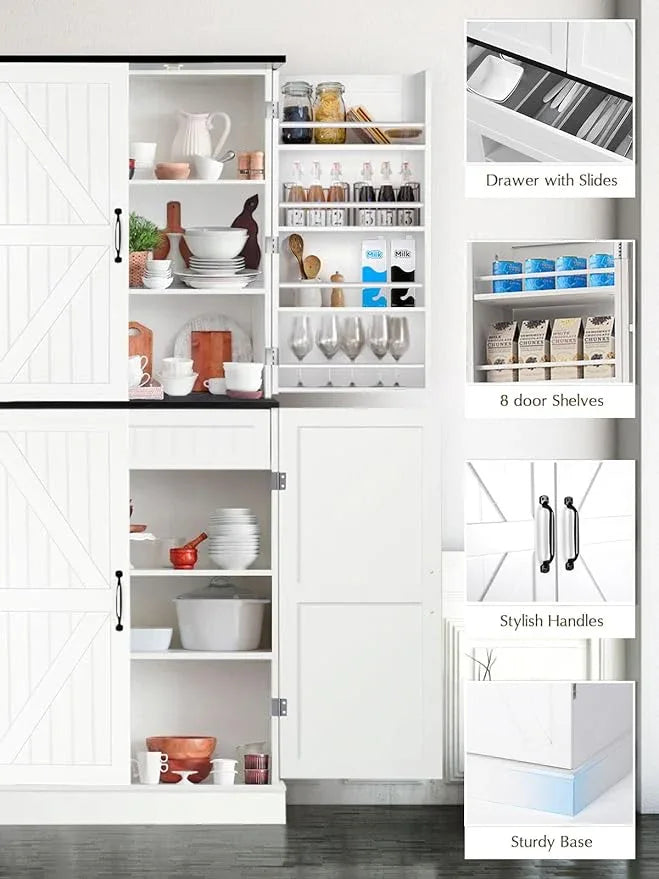 72" Tall Storage Cabinet, White Farmhouse Pantry Cabinet, 31.5" Wide Freestanding Storage Cabinet with 4 Adjustable Shelves, Hidden Drawer & Rustic Wood Finish for Kitchen, Dining Room, or Entryway - ModernBath