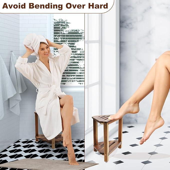 IBosins Corner Shower Stool with Storage Shelf Shower Foot Rest for Shaving Legs Small Bench for Inside Shower to Sit on Bath Seat - Acacia Wood - ModernBath