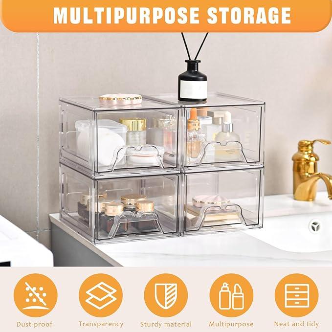 Stebopum 8 Pack Stackable Makeup Organizer, 4.4'' Tall Acrylic Bathroom Makeup Organizer and Storage Drawer with Pull-out Handle, Clear Plastic Storage Bins for Vanity,Pantry,Desk,Undersink,Kitchen - ModernBath