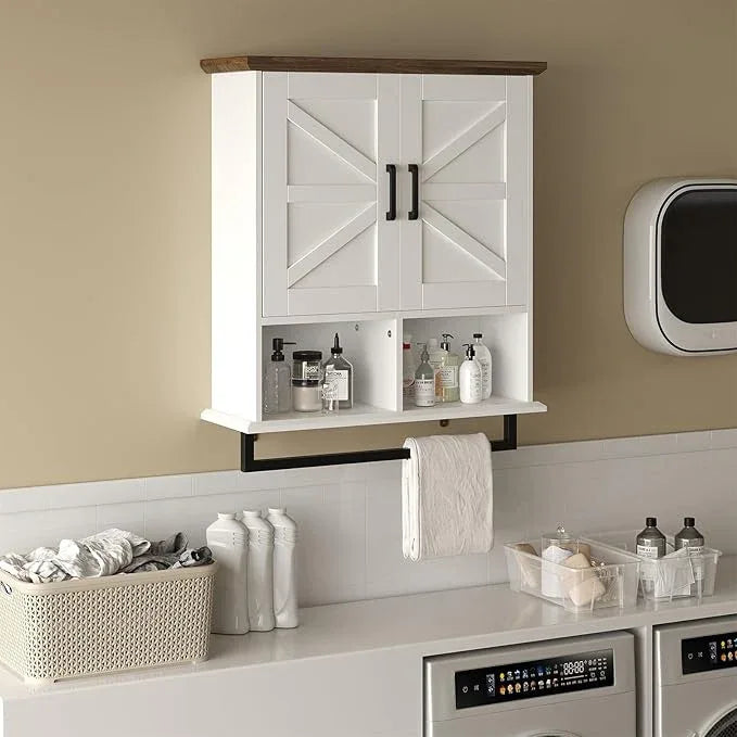 Farmhouse Bathroom Wall Cabinet with Adjustable Shelves & Towel Racks, White Wall Mounted Medicine Cabinet, Over The Toilet Storage Cabinet for Bathroom, Kitchen, Laundry Room - ModernBath