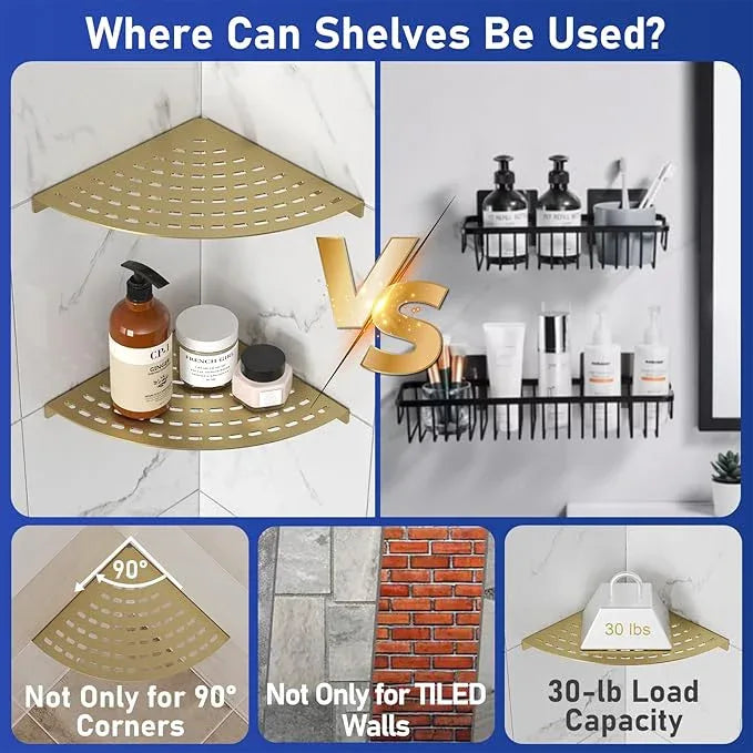 2 Pack Corner Shower Shelves 304 Stainless Steel Shower Corner Shelf Brushed Gold Bathroom 8 in Prevent Rust Drilling Installation - ModernBath
