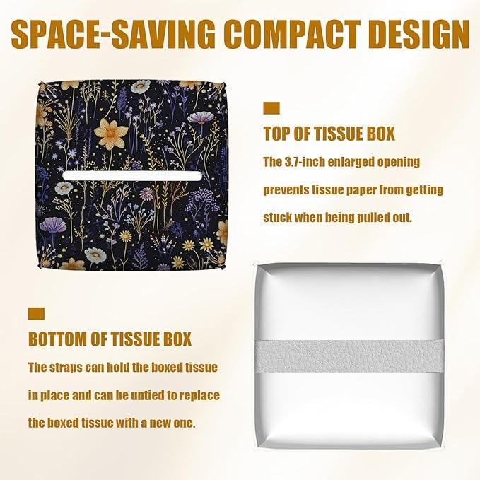 Wildflower Herb Tissue Box Cover 2PCS, Purple Flower Leather Tissue Box Holder Square Facial Paper Case Tissue Box Cube Organizer for Bathroom Bedroom Desk Office - ModernBath
