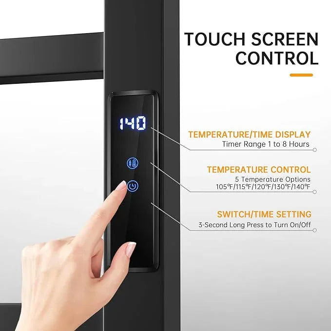 Towel Warmer Rack, Heated Towel Racks for Bathroom, Wall Mounted Towel Warmer, Stainless Steel 8-Bars Drying Rack with Intelligent Touch Screen Timer, Matte Black - ModernBath