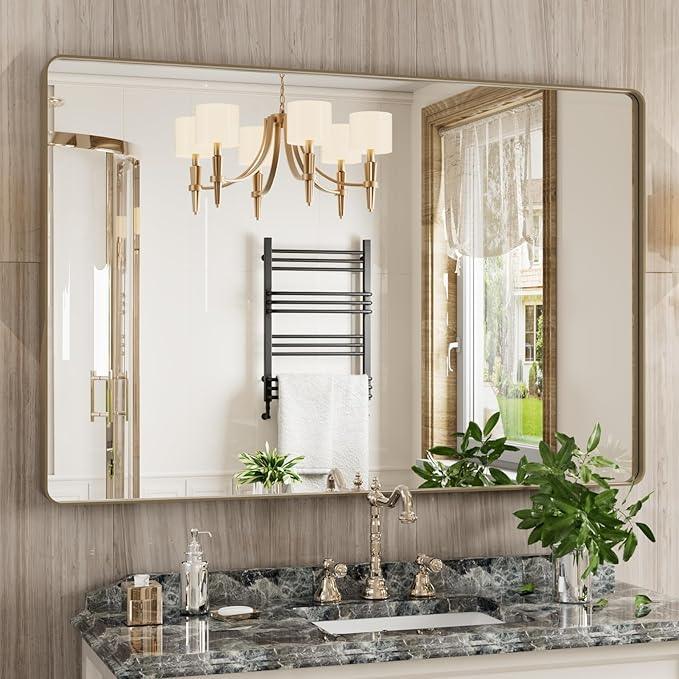 JISOSO Bronze Bathroom Mirror 48x32 Inch, Brushed Bronze Metal Frame Mirror for Wall, Rounded Rectangle Bathroom Vanity Mirror with Tempered Glass, Anti-Rust, Horizontal/Vertical - ModernBath