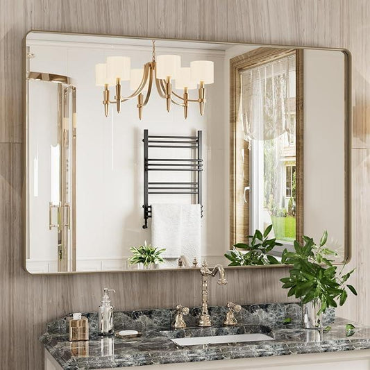 JISOSO Bronze Bathroom Mirror 48x32 Inch, Brushed Bronze Metal Frame Mirror for Wall, Rounded Rectangle Bathroom Vanity Mirror with Tempered Glass, Anti-Rust, Horizontal/Vertical - ModernBath