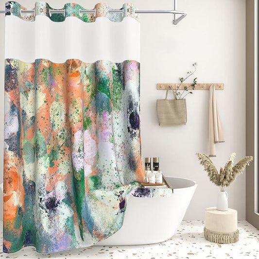 Abstract Colorful Shower Curtain with Liner, Watercolor Modern Aesthetic Bathroom Curtains, Hotel Style Double Layers No Hook Shower Curtain, Washable Waterproof Fabric, Green Yellow 71x74 inch - ModernBath