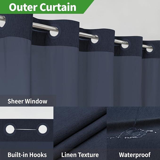 eachope Extra Long No Hooks Needed Linen Textured Shower Curtain with Snap-in Fabric Liner Set,White Hotel Luxury Decor Shower Curtains for Bathroom,Waterproof & Washable,71Wx86H,Navy Blue - ModernBath