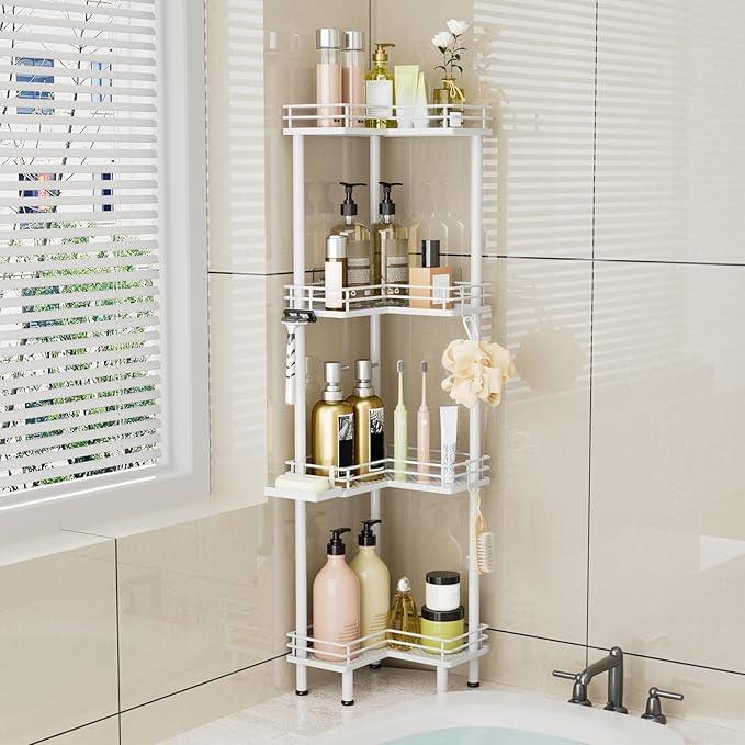 Consumest Corner Shower Caddy Standing - 4-Tier Stainless Steel Shower Organizer with Soap Holder and 4 Hooks, Large Capacity Corner Shelf Stand for Bathroom, Rest Room, White - ModernBath