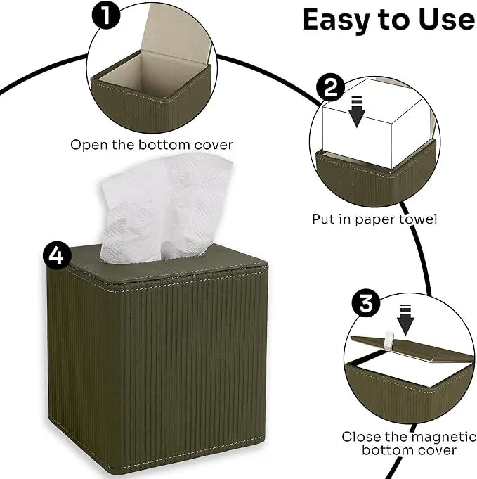 DODAMOUR Elegant Faux Leather Tissue Box Cover, Ribbed Design with Weighted Base & Magnetic Closure - Modern Decor for Bathroom, Bedroom or Office (Olive Green) - ModernBath
