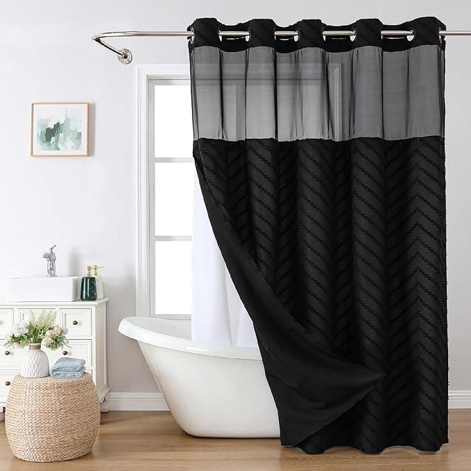eachope Extra Long No Hook Tufted Chevron Striped Shower Curtain with Snap-in Fabric Liner set-71Wx98H(96H),Tall Hotel Grade Boho Style Shower Curtain,Water Repellent,Black - ModernBath
