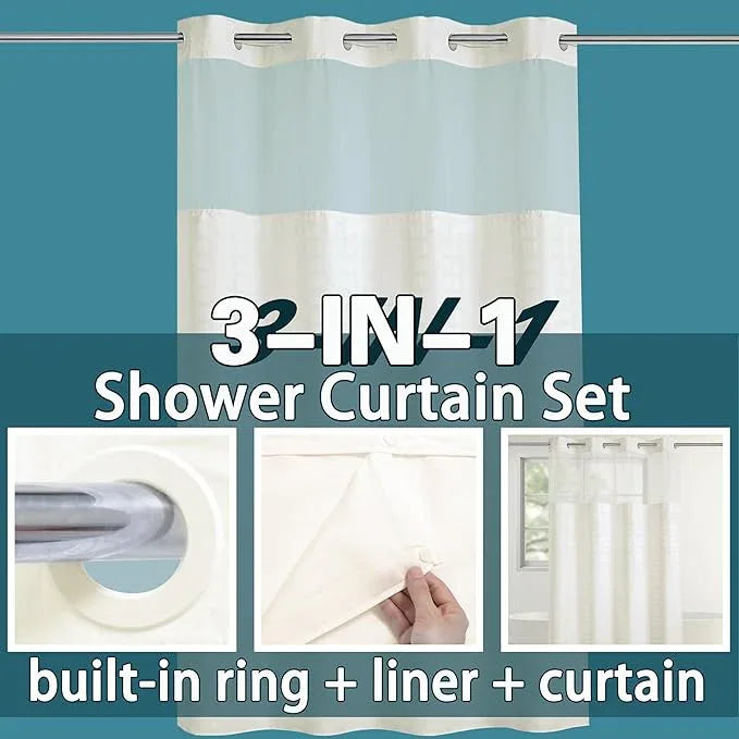 Conbo Mio Stall No Hook Shower Curtain with Snap in Liner Set, Hotel Luxury Beige Shower Curtains for Bathroom with See Through Top Window, Waterproof, Washable 54W x 74H - ModernBath