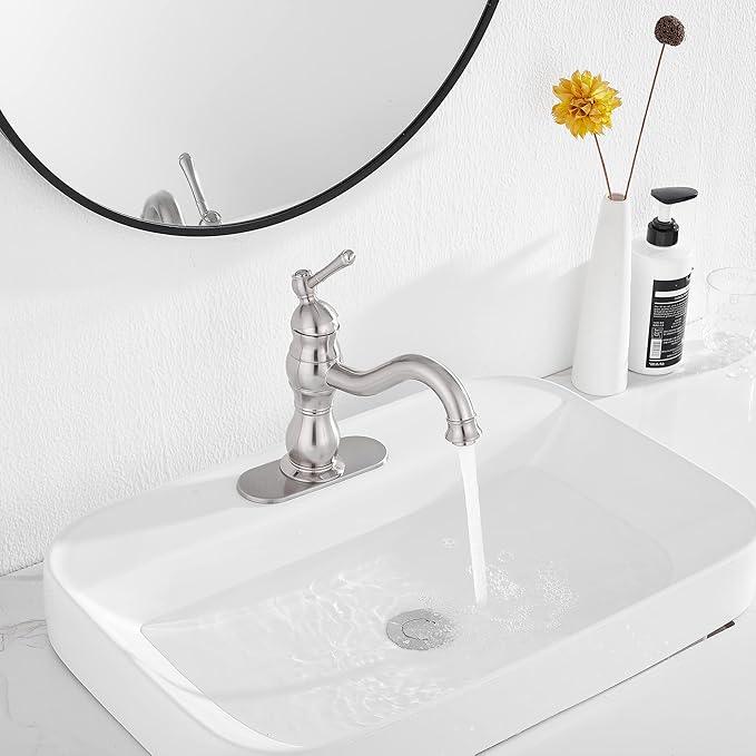 Bathroom Faucet Brushed Nickel GGStudy 360° Swivel Bathroom Vanity Faucet Single Handle One Hole Bathroom Sink Faucet Basin Matching Pop Up Drain with Overflow - ModernBath