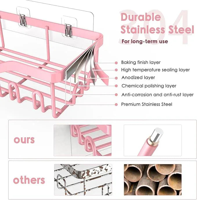 Shower Caddy Adhesive Shower Organizer 7-Pack, Rustproof Stainless Steel Bathroom Shelves, Large Capacity No-Drill Rack Storage Accessories with Soap Dish Toothbrush Holder Hooks (Pink) - ModernBath