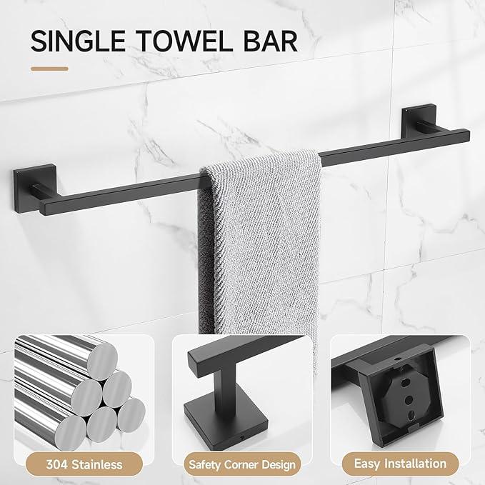 TQKAG Matte Black Bathroom Hardware Accessories Set 10 Pieces, 23.6" SUS304 Stainless Steel Towel Bar Set Wall Mounted Includes Single Towel Bar, Towel Ring, Toilet Paper Holder, Double Towel Hooks - ModernBath