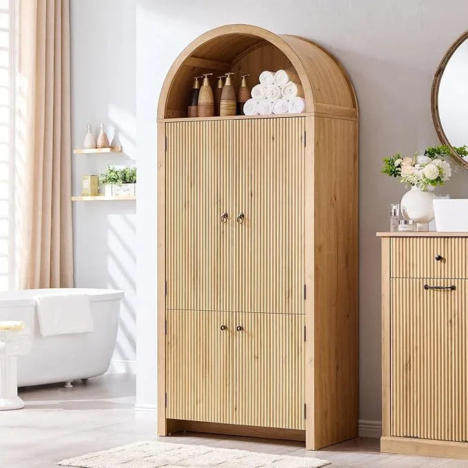 71" Tall Arched Bathroom Storage Cabinet, Modern Fluted Storage Cabinet w/Doors, 3 Adjustable Shelves, 6 Door Shelves, Wood Freestanding Cabinet for Bathroom, Entryway, Hallway, Natural - ModernBath