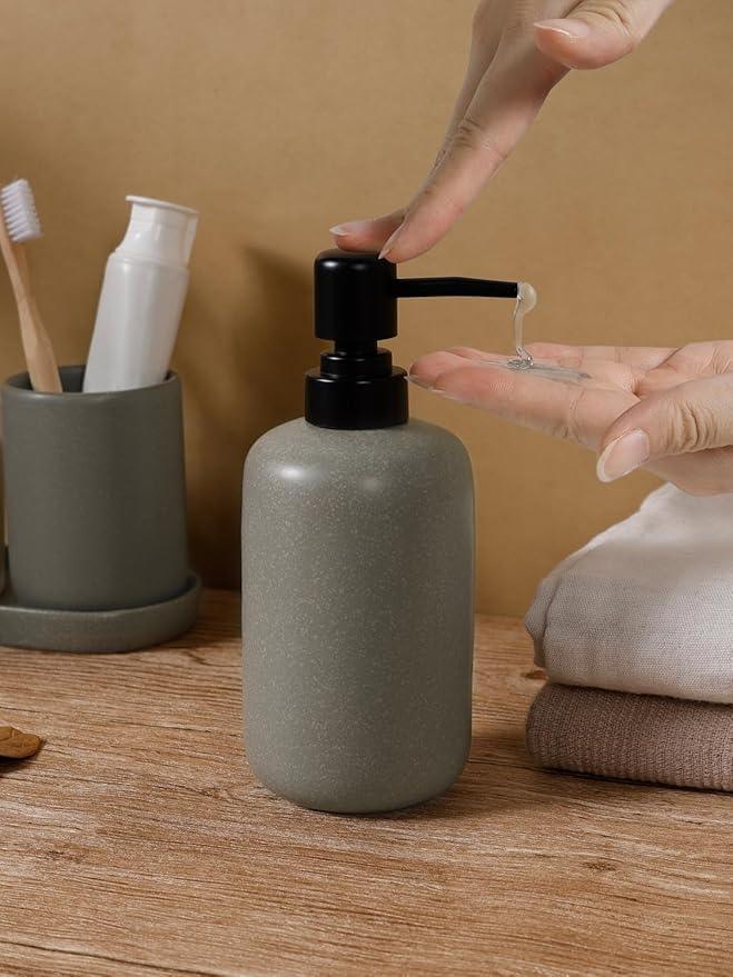 INGOFIN 3 Pcs Ceramic Bathroom Accessory Set - Liquid Soap Dispenser, Toothbrush Holder & Tray, Bathroom Counter Set, Countertop Essentials for Home, Guest Bathroom, or Office Use, Grey - ModernBath