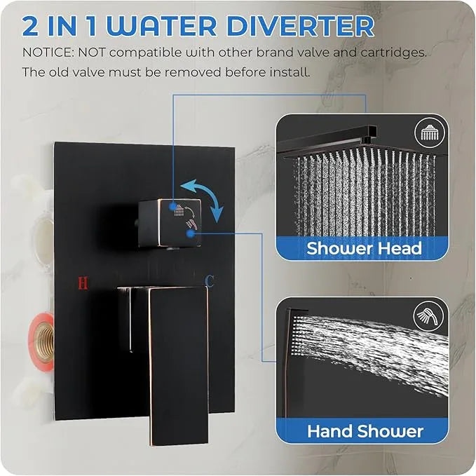 RNDIOZD ORB Shower Faucet Set, 10 inch Rain Shower System with Pressure Balance Valve, Wall Mounted 2-Functions Bathroom Shower Systems with Rain Shower and Handheld Spray Shower Trim Included - ModernBath