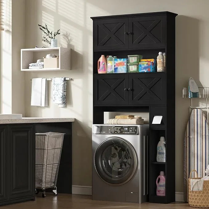 Over The Toilet Storage Cabinet, Farmhouse Storage Cabinet Over Toilet with 4 Barn Doors & Toilet Paper Holder Stand, Black Toilet Shelf Home Space Saver for Restroom, Bathroom, Laundry - ModernBath