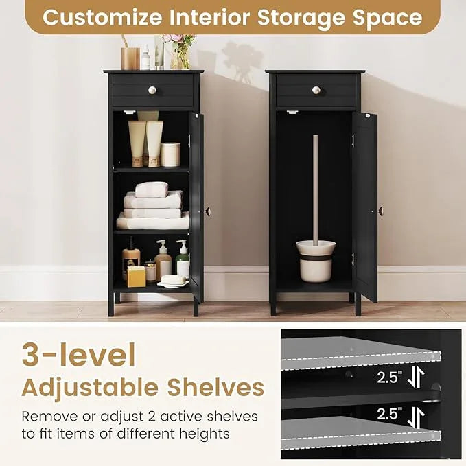 GLACER Floor Storage Cabinet, Multifunctional Bathroom Storage Cabinet with 2 Adjustable Shelves, Ideal for Bathroom, Living Room, 14 x 12 x 34.5 inches (Black) - ModernBath