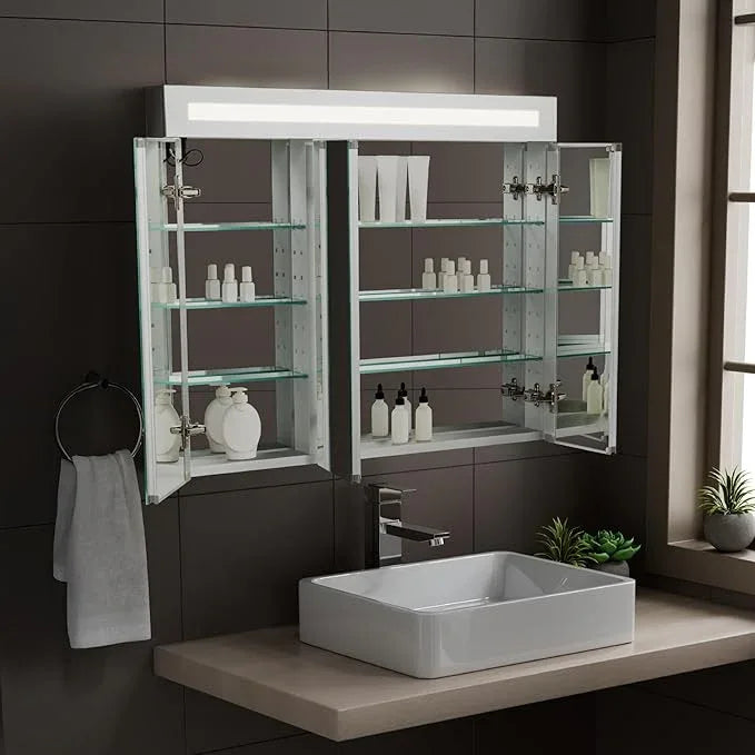 Fine Fixtures 36" x 30" Bathroom Medicine Cabinet, Aluminum Bathroom Vanity, Recessed Medicine Cabinet/Surface Mount, 3 Door, Mirrored Interior w/LED - ModernBath