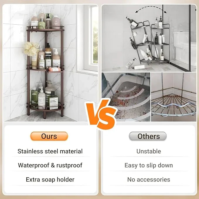 ELYKEN Corner Shower Caddy Standing, 3 Tier Rustproof Metal Shower Organizer with Soap Holder, Floor Shower Corner Shelf Rack Storage Stands with Adjustable Feet & 2 Hooks for Bathroom, Bronze - ModernBath