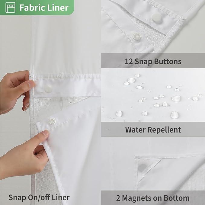 eachope White Farmhouse No Hook Shower Curtain Set with Snap-in Fabric Liner,Boho Heavy-Duty Linen Textured Rustic Striped Design,Water-Repellent with Tassels and Sheer Window,71x74 - ModernBath
