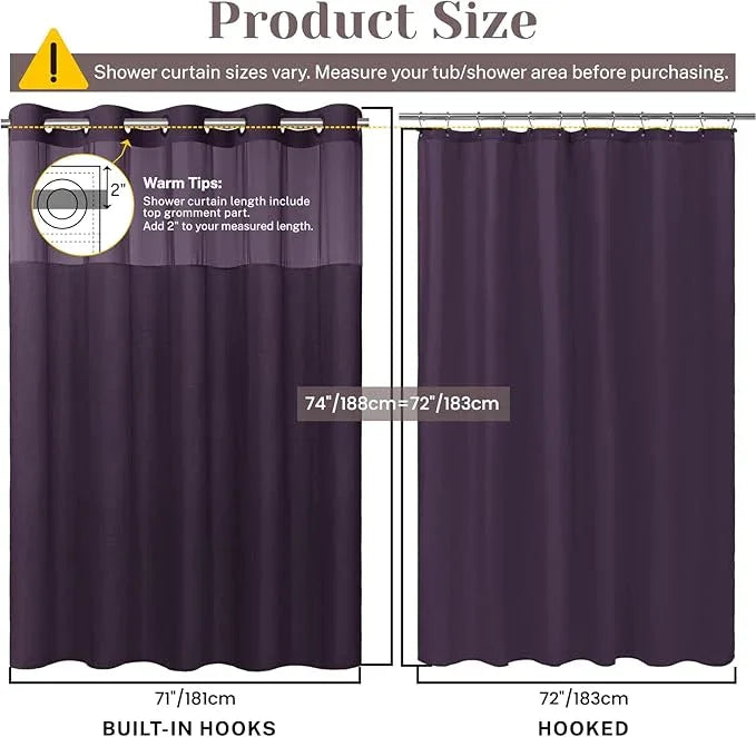 SORTTO No Hook Slub Textured Shower Curtain with Snap in Liner - Purple Fabric Outer Curtain & Waterproof Inner Liner, Hotel Style with See Through Top Window, 71x74 in - ModernBath