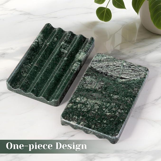 2PCS Koville Indian Natural Green Marble Soap Dish for Shower, Stone Soap Tray for Bathroom, Marble Bar Soap Holder for Sink, Stripe Grooves Soap Saver Sponge Holder - ModernBath