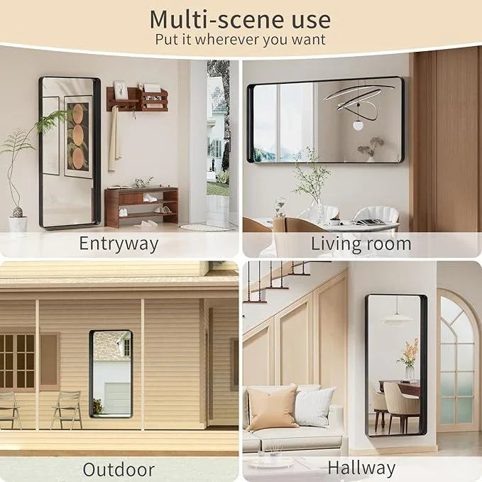 Koonmi Black Bathroom Mirror for Wall, 30x71 Inch Matte Metal Deep Framed Rounded Corner Wall Mirror, Shatterproof Tempered Glass for Farmhouse Bedroom Entryway, Vertically or Horizontally - ModernBath