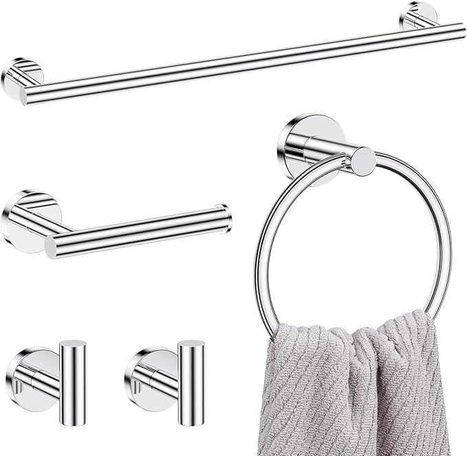 Lairuier 5 Pieces Polished Chrome Bathroom Accessories Set, SUS304 Stainless Steel 24 Inch Bath Towel Bar Set, Round Toilet Paper Holder Set Wall Mounted - ModernBath
