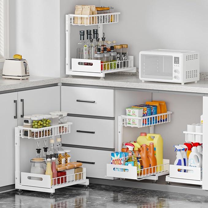 Under Sink Organizer for Kitchen and Bathroom, 2 Tier Pull Out Storage Rack - Height Adjustable Heavy Duty Metal Basket with High Capacity & Safety Stopper, Rustproof for Cleaning Supplies 1 Pack - ModernBath