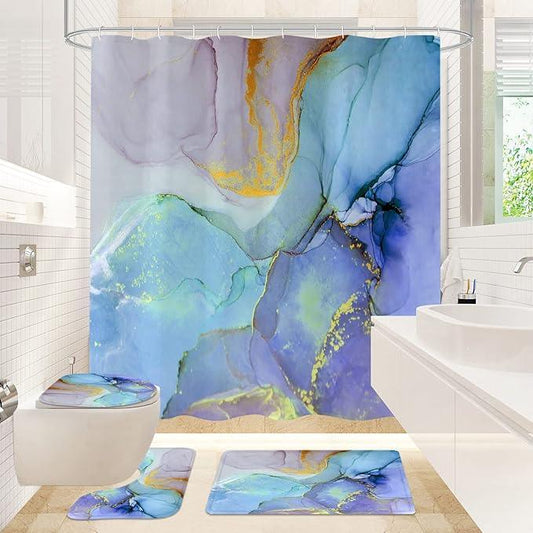 Gibelle 4 Pcs Bathroom Shower Curtain Set with Non-Slip Rugs, Toilet Lid Cover and Bath Mat, Blue Purple Marble Bathroom Decor Set with Shower Curtain and Rugs and Accessories - ModernBath