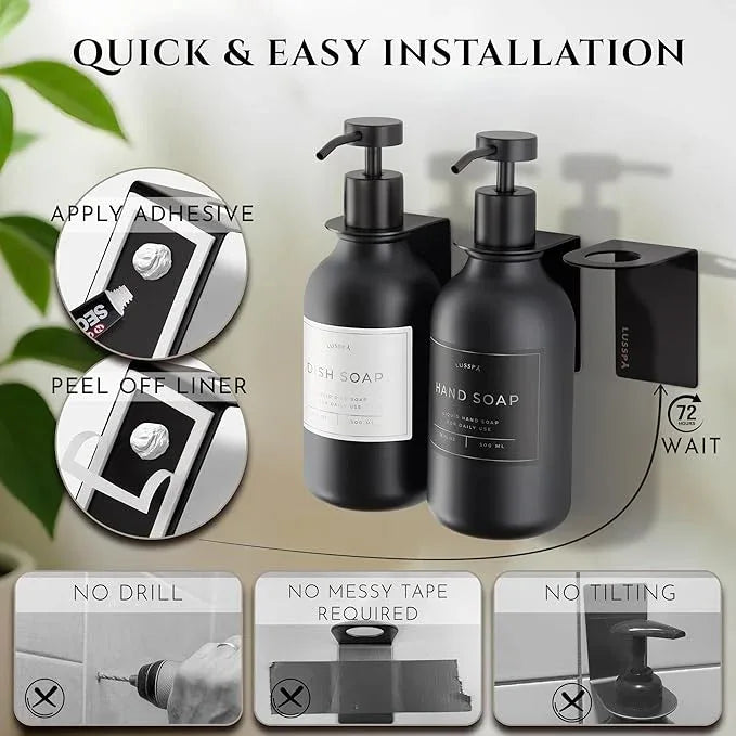 Shampoo & Conditioner Dispenser - Shower Soap Dispenser Wall Mounted - Set of 3 16.9 Oz Plastic Bottles with Pump & Holder - Shampoo Dispenser - Shower Dispenser Chamber No Drill (3 X Black) - ModernBath